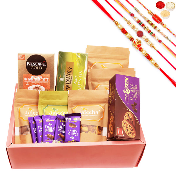 Rakhi Gifts-Rust Hamper Box with pouches 