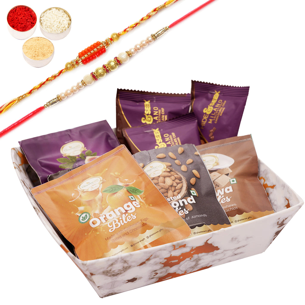 Rakhi Gifts-Small White Tray of Bites and Cookies with 2 Rakhis