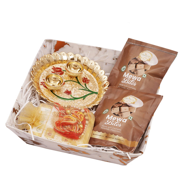 Rakhi Gifts-Small White Tray of Bites and Cookies,pooja thali with 2 Rakhis