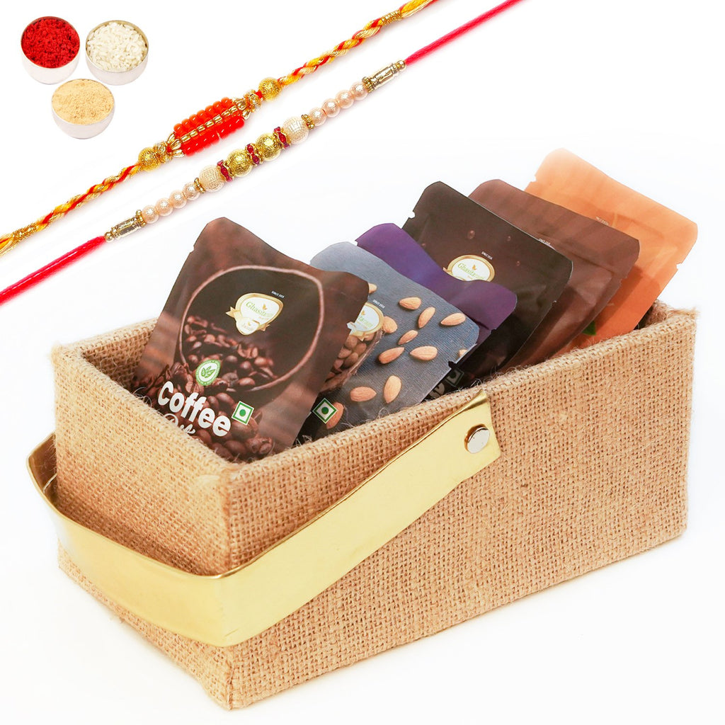 Rakhi Gifts-Jute Small tray of Assorted Bites and cookies with 2 Rakhis