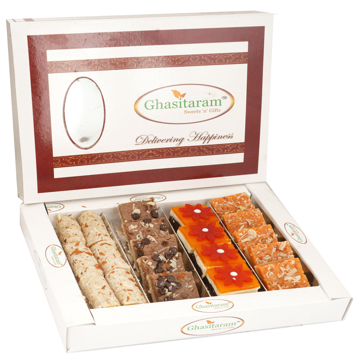 Sweets- Assorted Box of Kaju Chocolate Barfi,Mango Bite,Kaju roll and Kaju Orange delight  400 gms