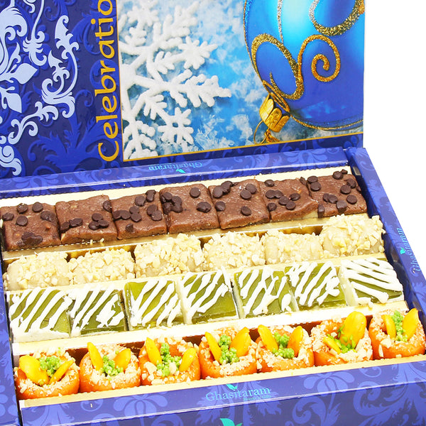 Sweets- Assorted Box of Kaju Chocolate Barfi,Mango Bite,Kaju roll and Kaju Orange delight  800 gms