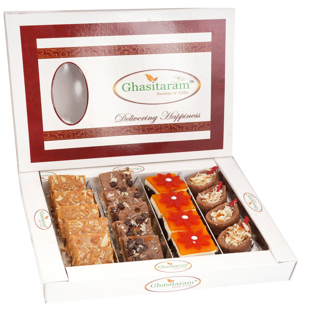 Sweets- Assorted Box of Kaju Chocolate Barfi,Mango Bite, Mathura Diya and Besan Barfi 400 gms