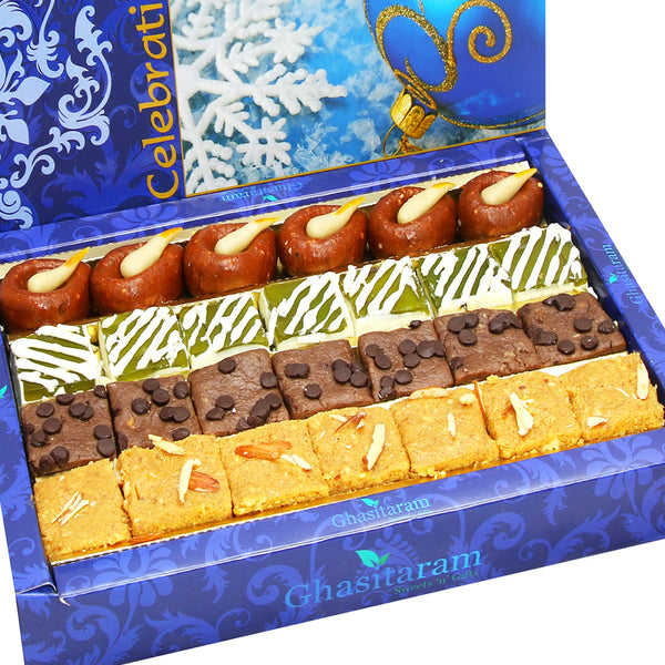 Sweets- Assorted Box of Kaju Chocolate Barfi,Mango Bite, Mathura Diya and Besan Barfi 800 gms