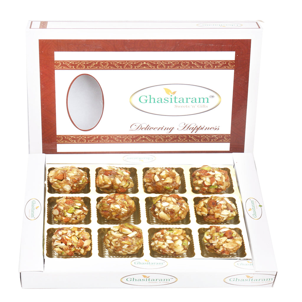 Ghasitaram's Roasted Dryfruit Laddoo in White box
