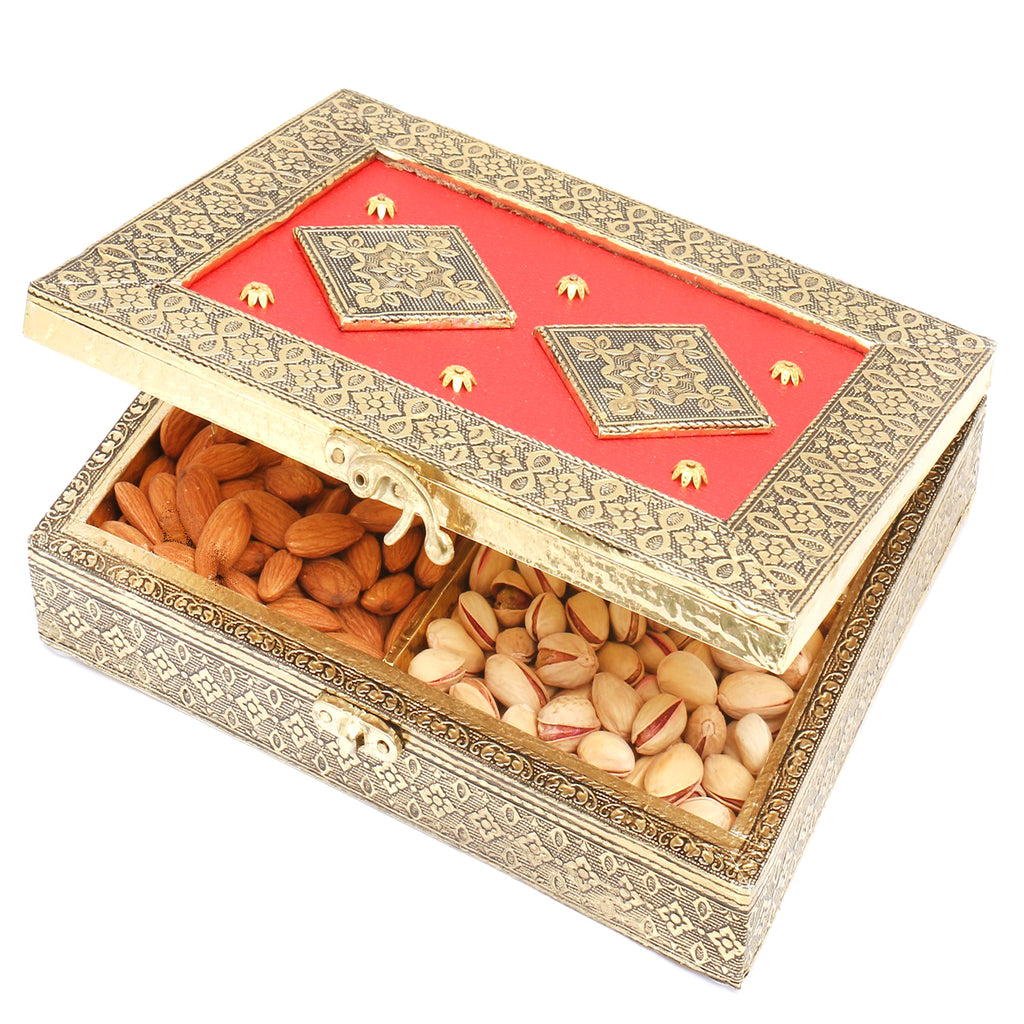 Golden Red Leather Finish Minakari Dryfruit box B-211