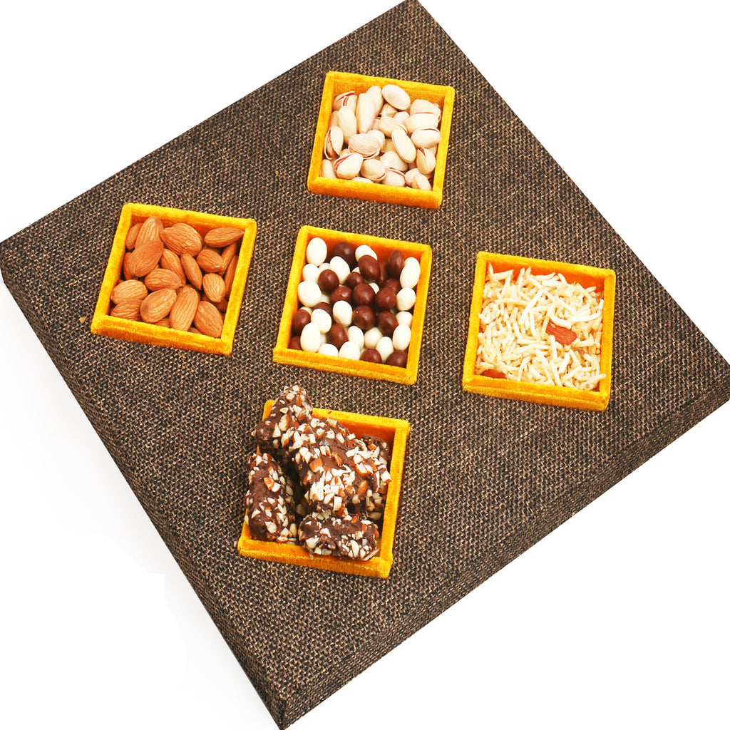 Jute 5 Part Almonds, Pistachios, Nutties, Namkeen, Chocolate Fruit and English Brittles Chocolates Box