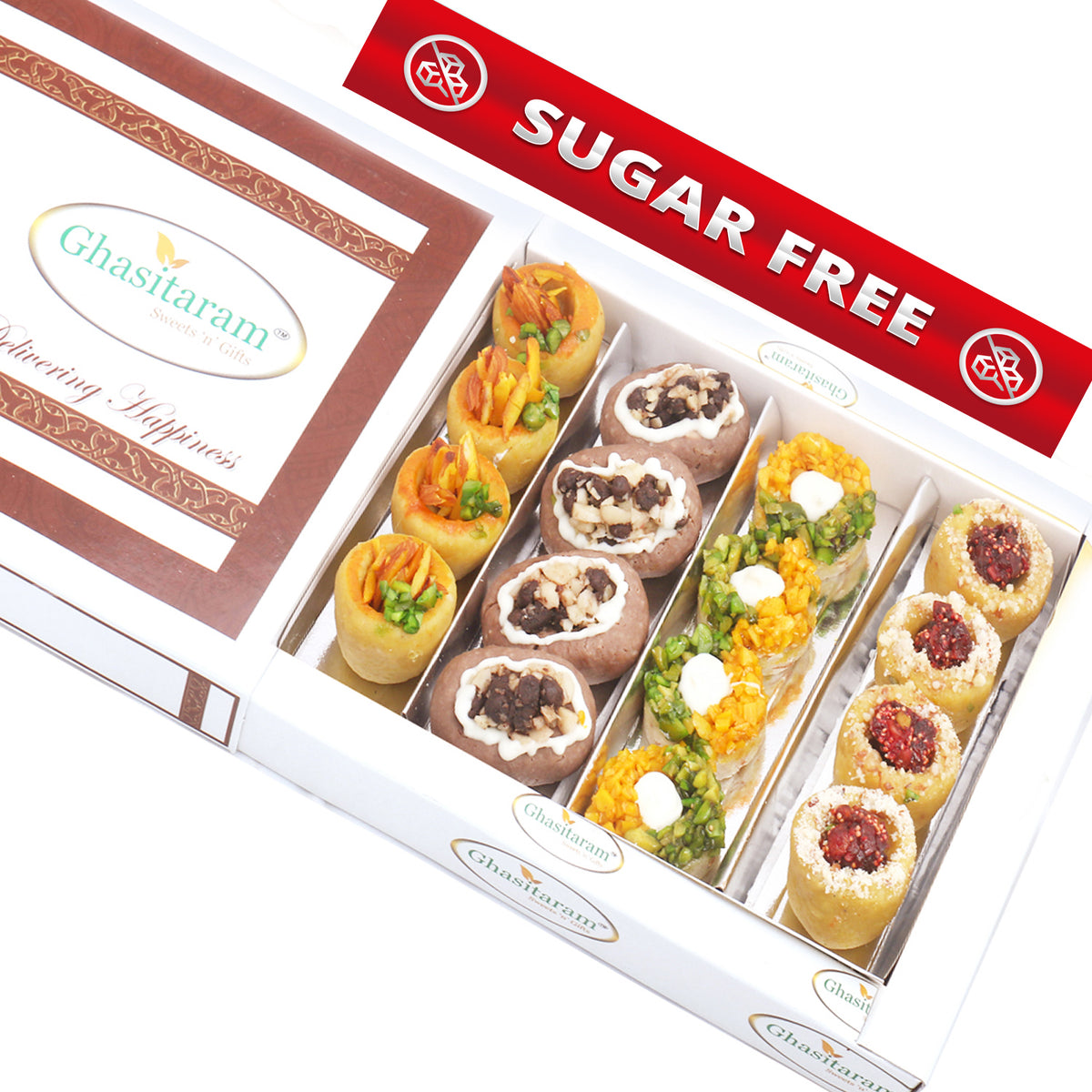 Assorted Box of Sugarfree Anjeer Basket, Kesar Pista Delight, Choco Boat and Almond Basket  400 gms 