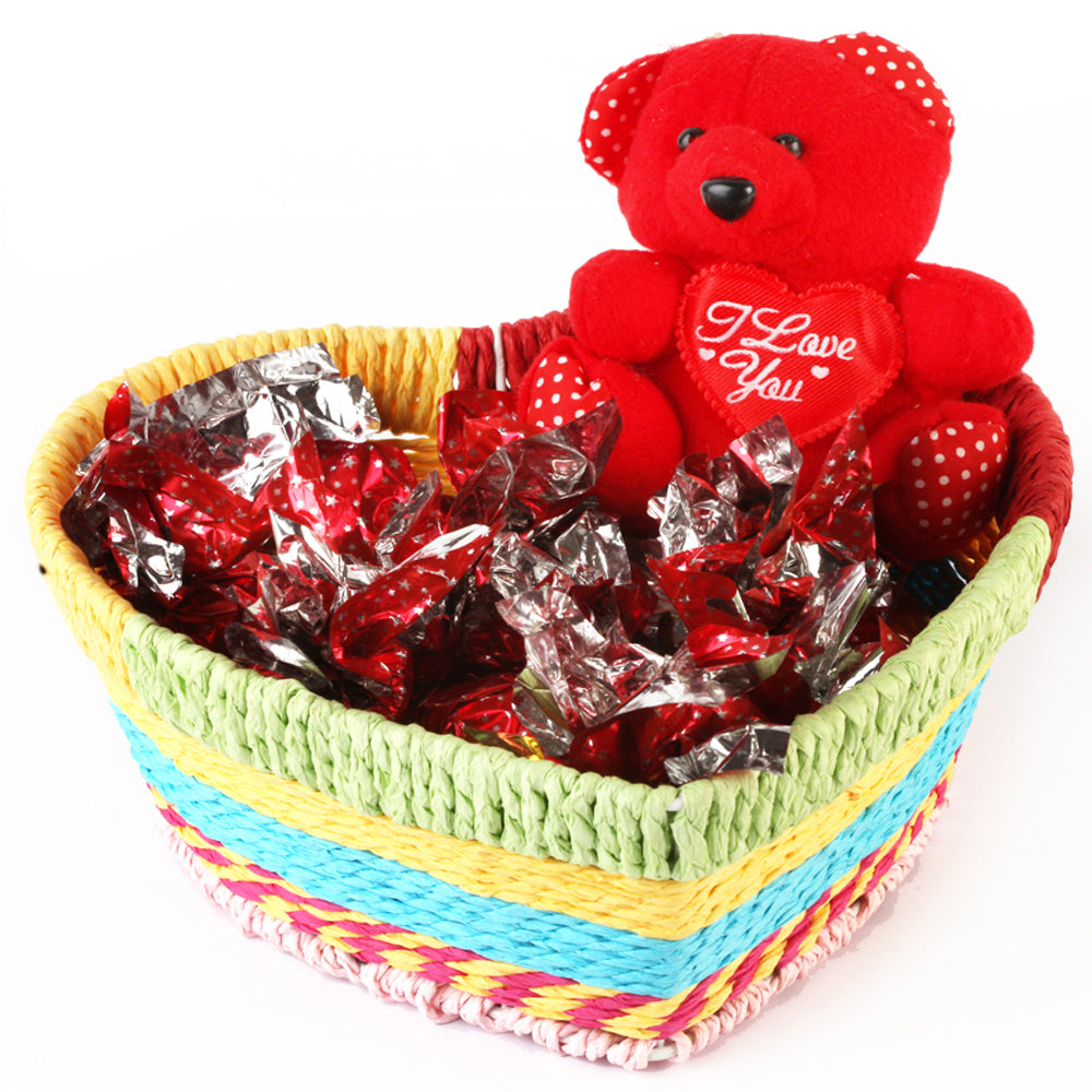 Heart Basket with Teddy and Chocolates
