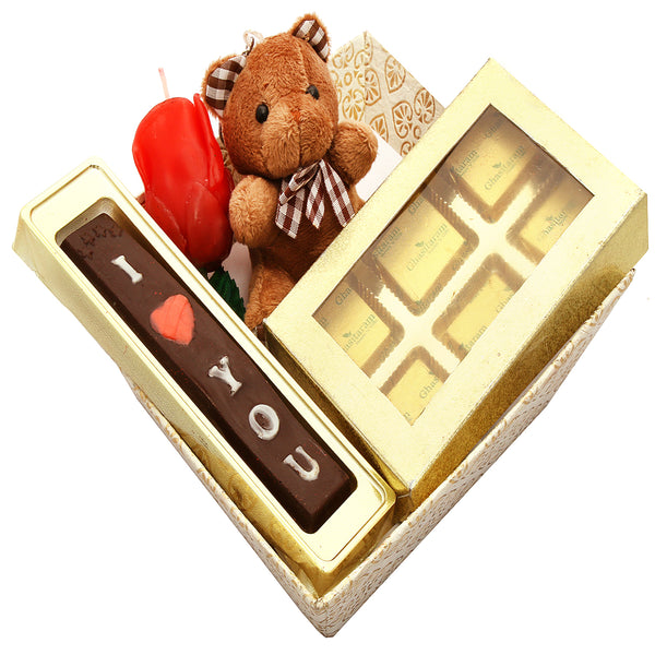 Chocolates- Basket Hamper with Teddy, chocolate, rose candle and mewa bites