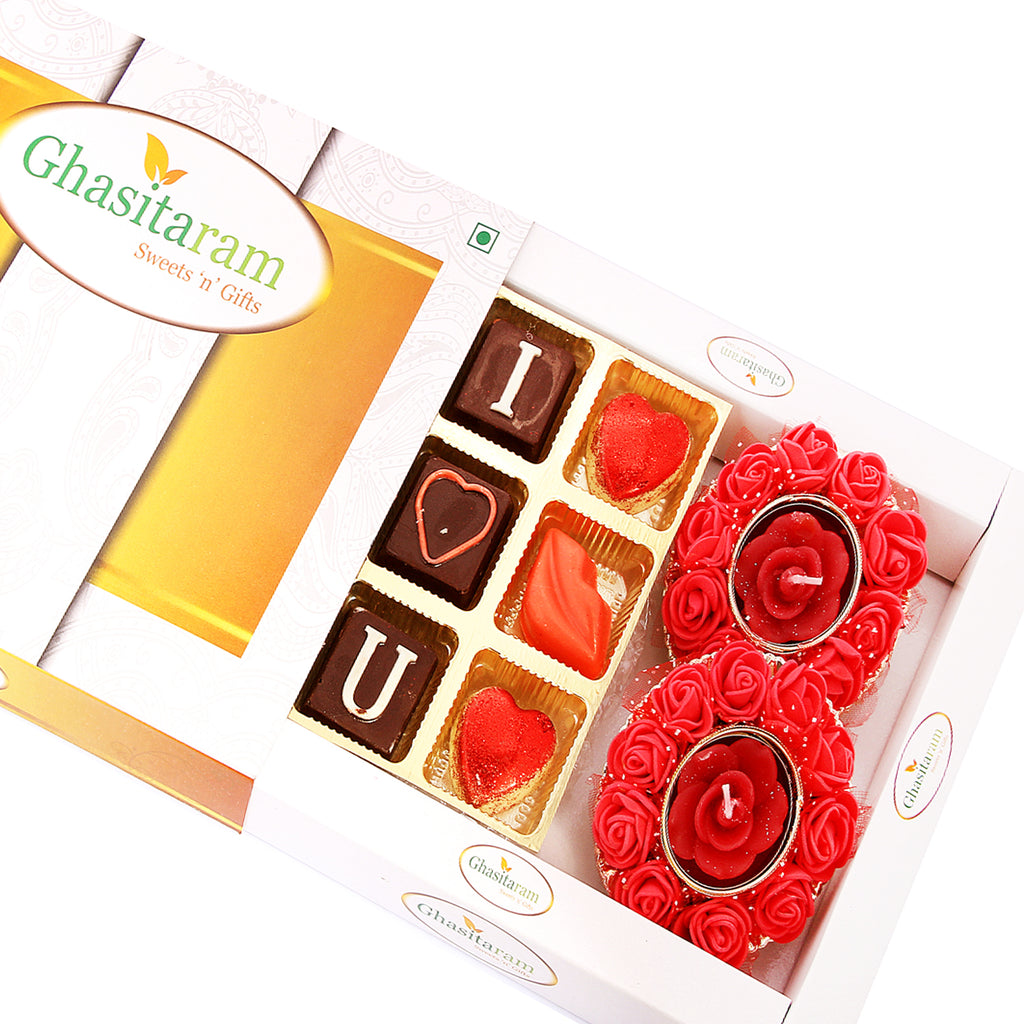 Chocolates-Special Valentine Chocolates with set of 2 Rose T- Lites