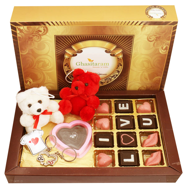 Big Box of Valentine Chocolates with Teddies, Keychain Set, Heart Game Chocolate and Fridge Magnet