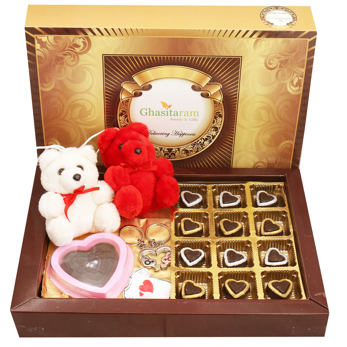 Big Box of Sheen Chocolate Hearts with Teddies, Keychain Set, Heart Game Chocolate and Fridge Magnet