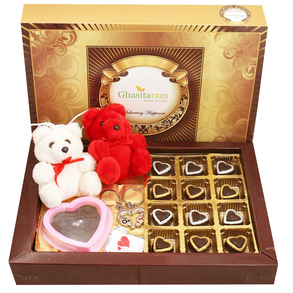 Big Box of Sheen Chocolate Hearts with Teddies, Keychain Set, Heart Game Chocolate and Fridge Magnet