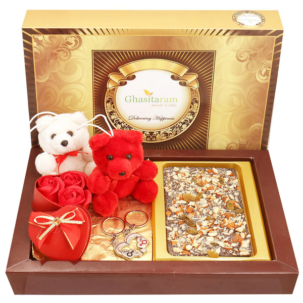 Dark Dryfruit Chocolate Bark Big with Teddies, Keychain Set and Small Roses Heart Box