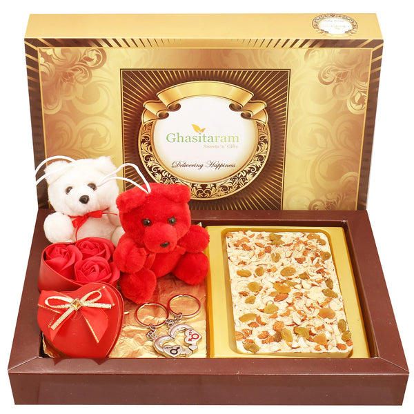 White Dryfruit Chocolate Bark Big with Teddies, Keychain Set and Small Roses Heart Box
