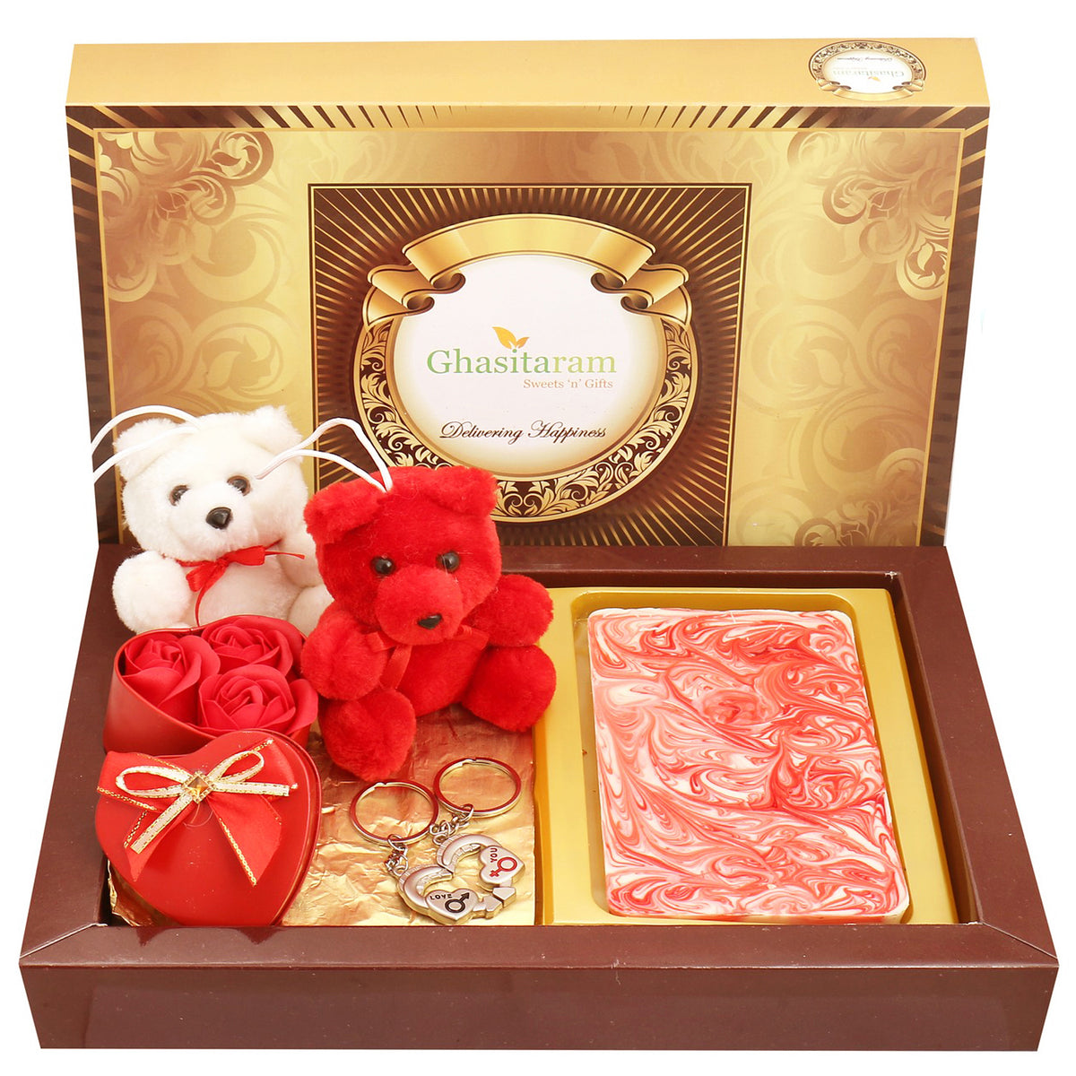 Marble Chocolate Bark Big with Teddies, Keychain Set and Small Roses Heart Box