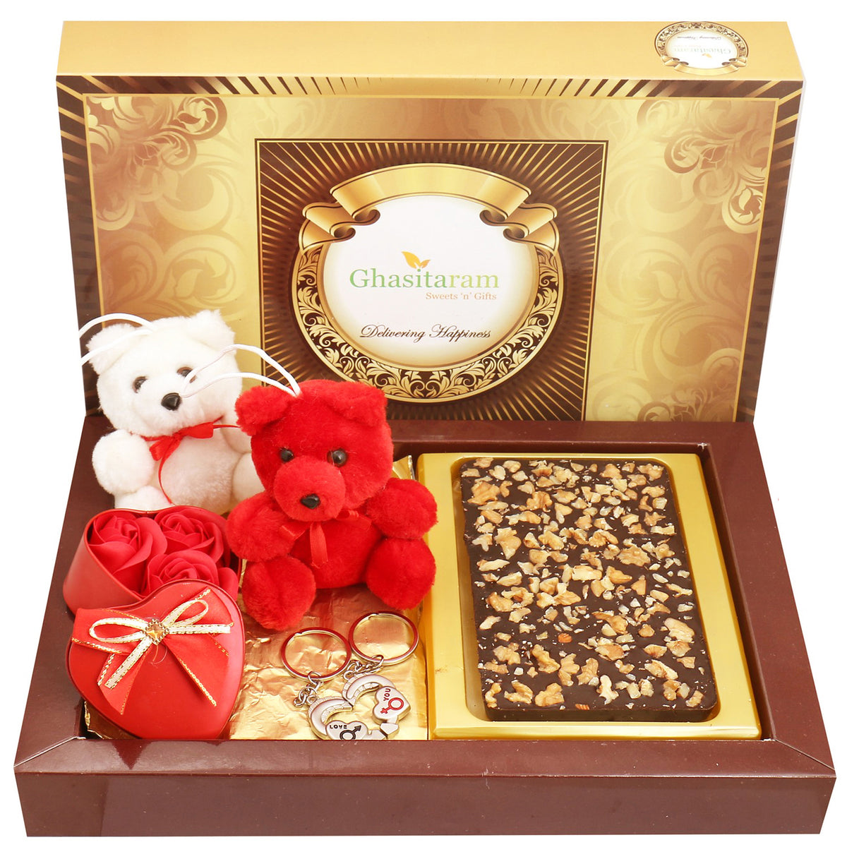 Valentine  - Walnut Sugarfree Bark Big with Teddies, Keychain Set and Small Roses Heart Box
