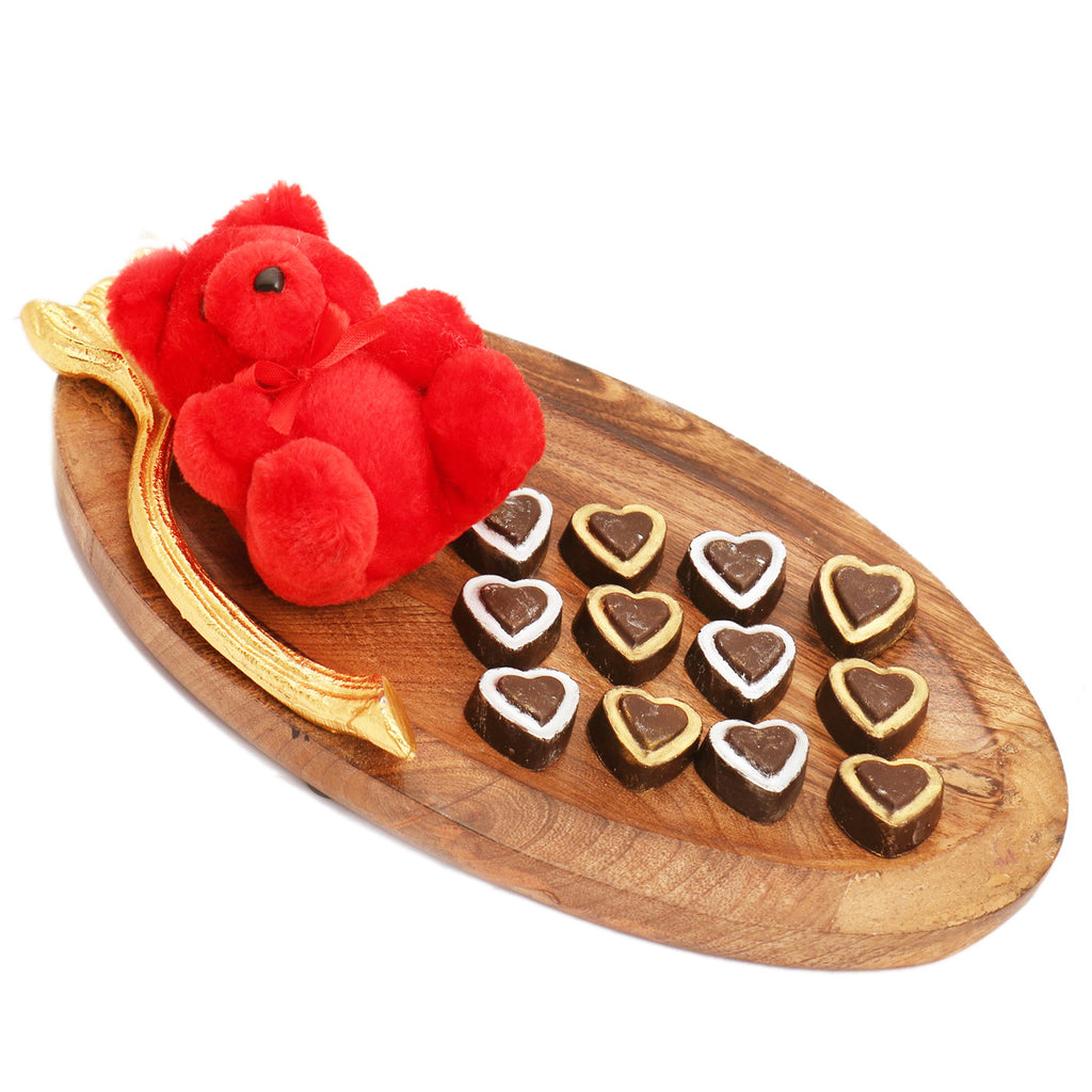 Wooden Platter with Teddy and Sheen Chocolate Hearts