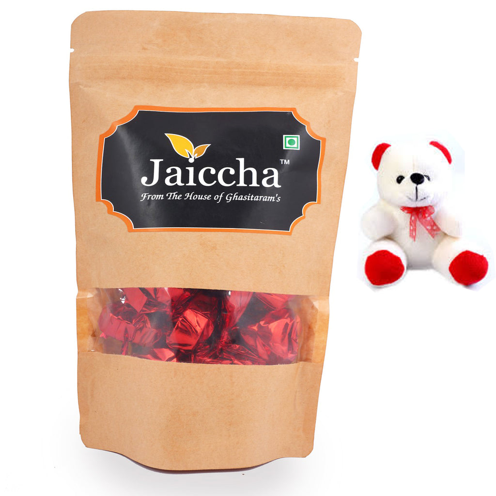 Heart Chocolates in Brown Pouch and a Teddy
