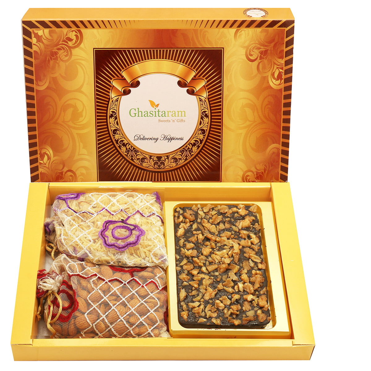 Big Box Of Walnut Chocolate Bark, Almonds and Namkeen Pouch