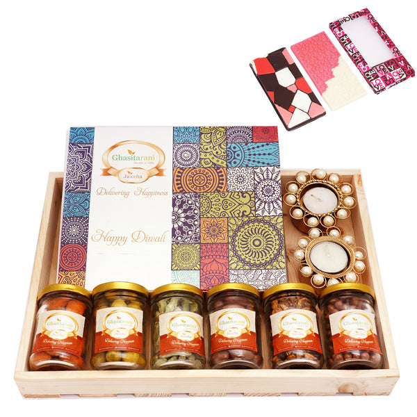 Big Light Wooden Basket of 9 Goodies with 2 Chocolate Bars