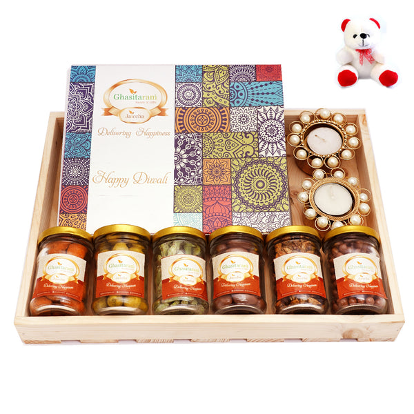 Big Light Wooden Basket of 9 Goodies with Teddy