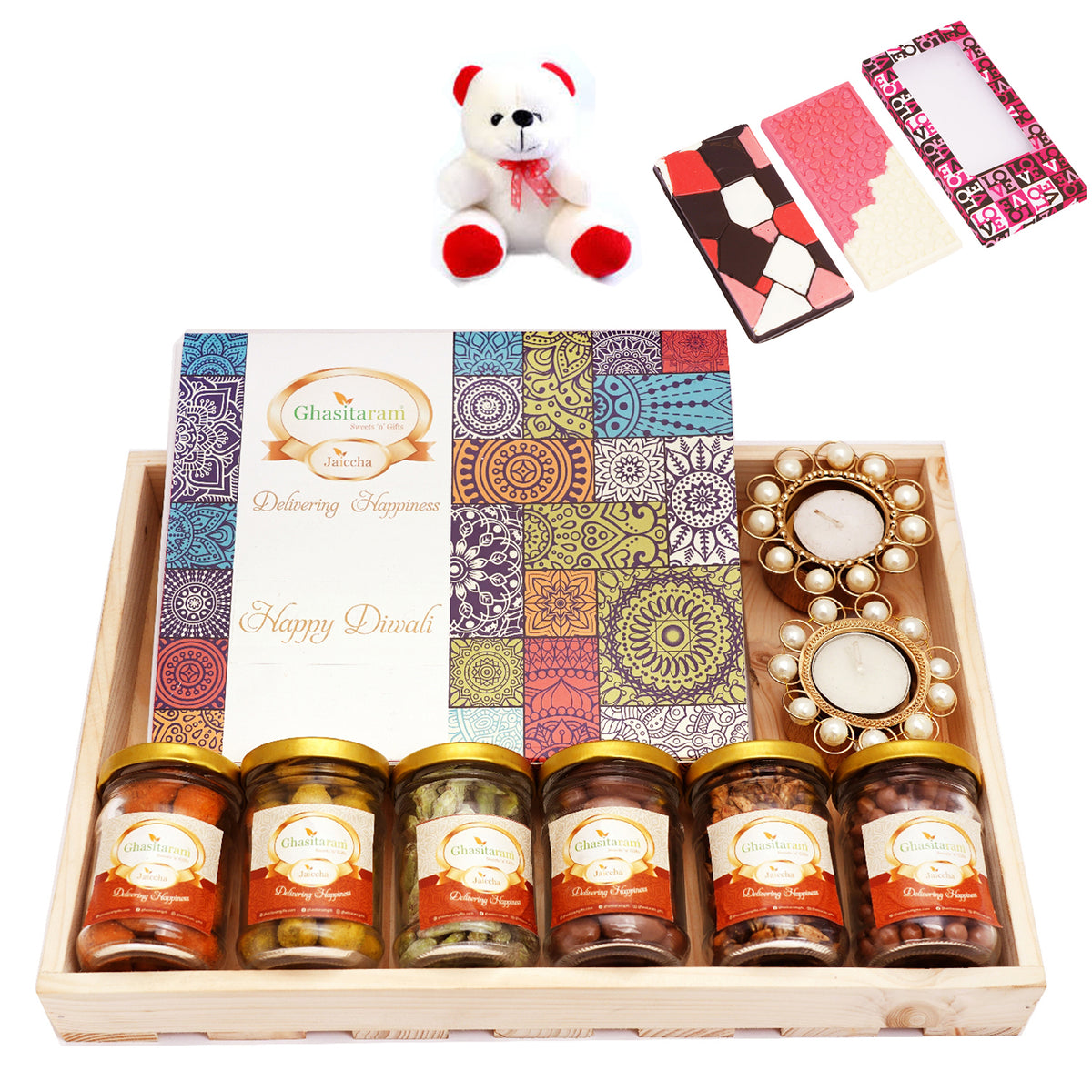 Big Light Wooden Basket of 9 Goodies with Teddy and 2 Chocolate Bars