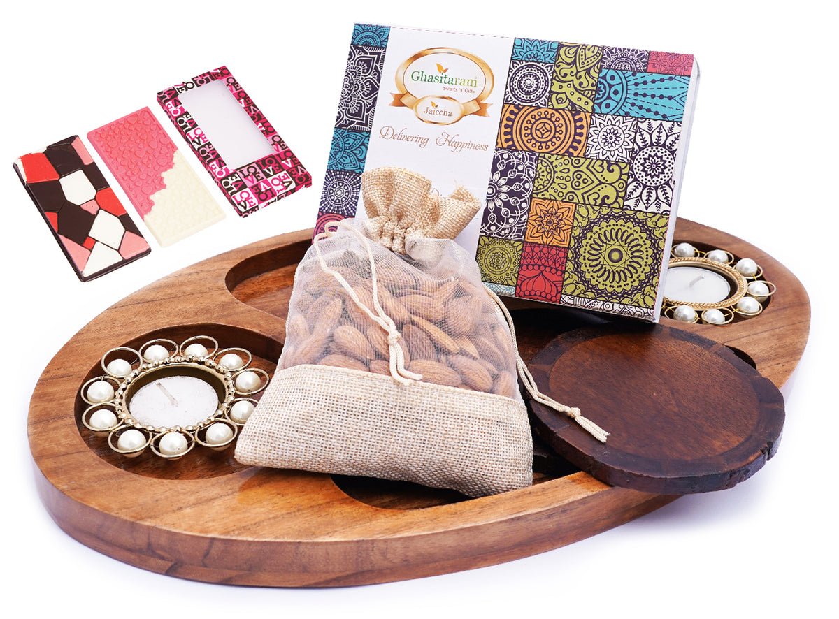 Chip n Dip Wooden Tray with T-lites, Coasters, Almonds Pouch And Assorted Bites Box with 2 Chocolate Bars
