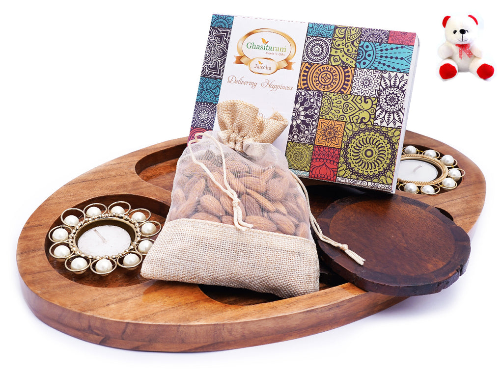 Chip n Dip Wooden Tray with T-lites, Coasters, Almonds Pouch And Assorted Bites Box with Teddy