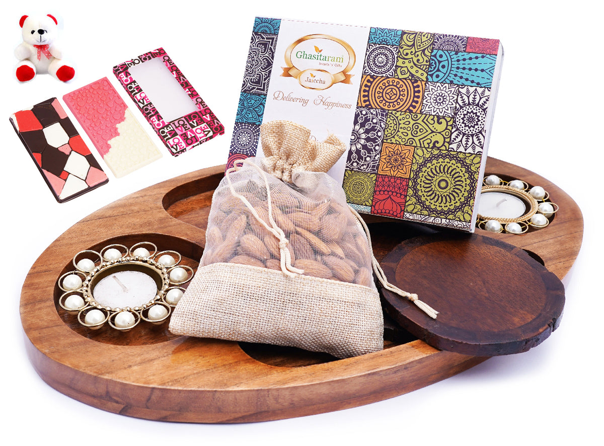 Chip n Dip Wooden Tray with T-lites, Coasters, Almonds Pouch And Assorted Bites Box with Teddy and 2 Chocolate Bars