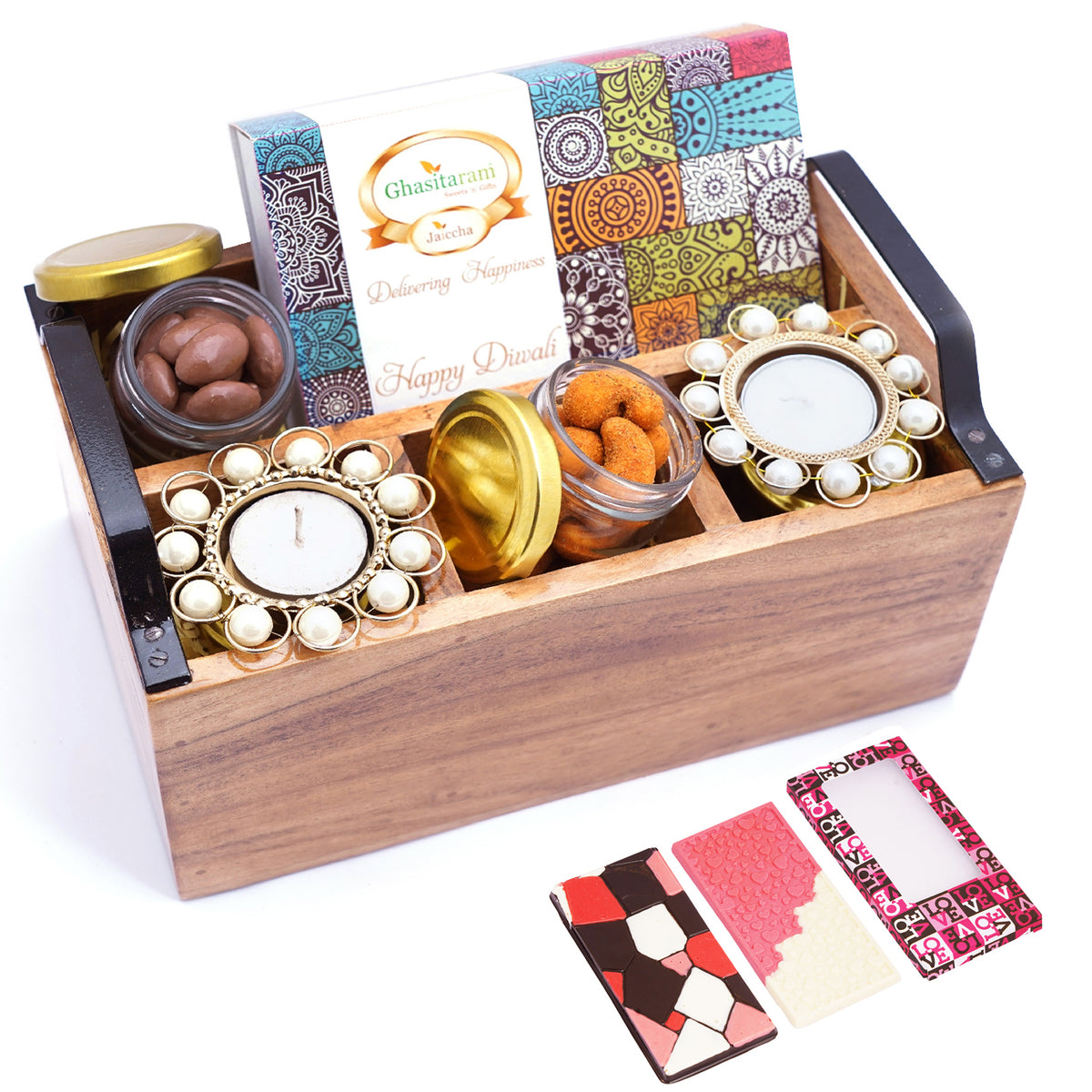 Wooden Cutlery Stand with T-lites, Bites, Crunchy Cashews, Chocolate Coated Almonds with 2 Chocolate Bars