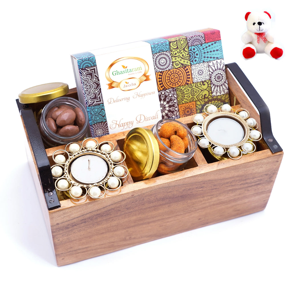 Wooden Cutlery Stand with T-lites, Bites, Crunchy Cashews, Chocolate Coated Almonds with Teddy