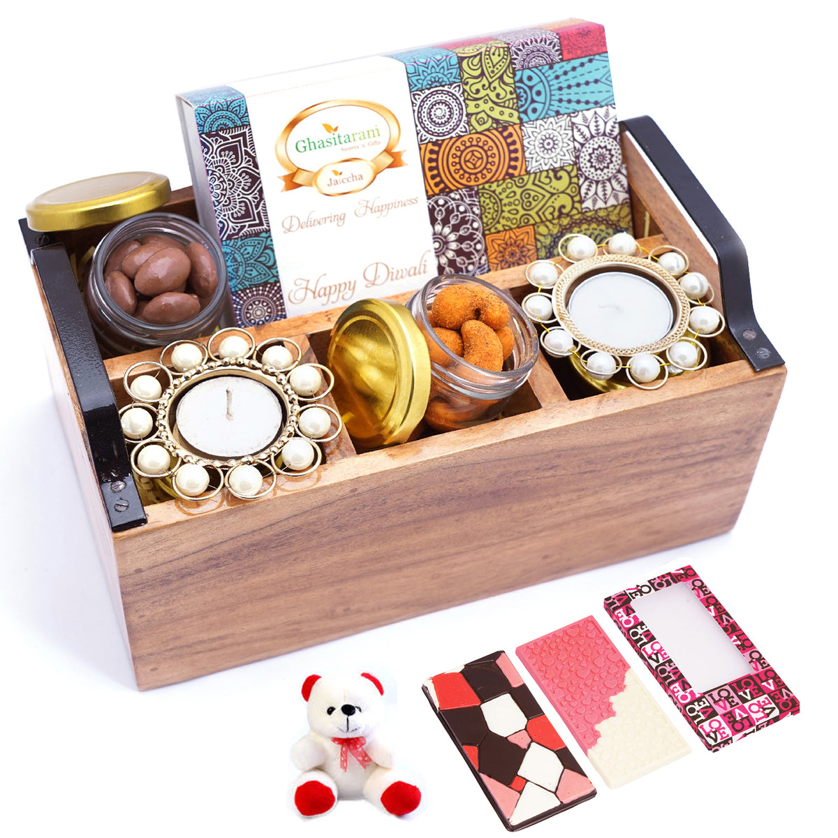Wooden Cutlery Stand with T-lites, Bites, Crunchy Cashews, Chocolate Coated Almonds with Teddy and 2 Chocolate Bars