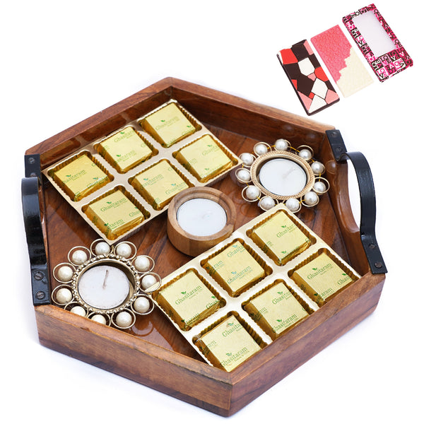 Hexagon Tray with 12 Mixed Nuts Chocolates and 3 T-lites with 2 Chocolate Bars