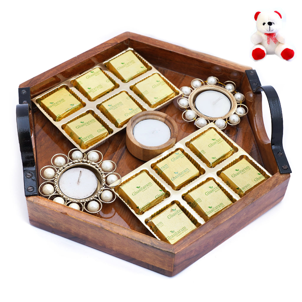 Hexagon Tray with 12 Mixed Nuts Chocolates and 3 T-lites with Teddy