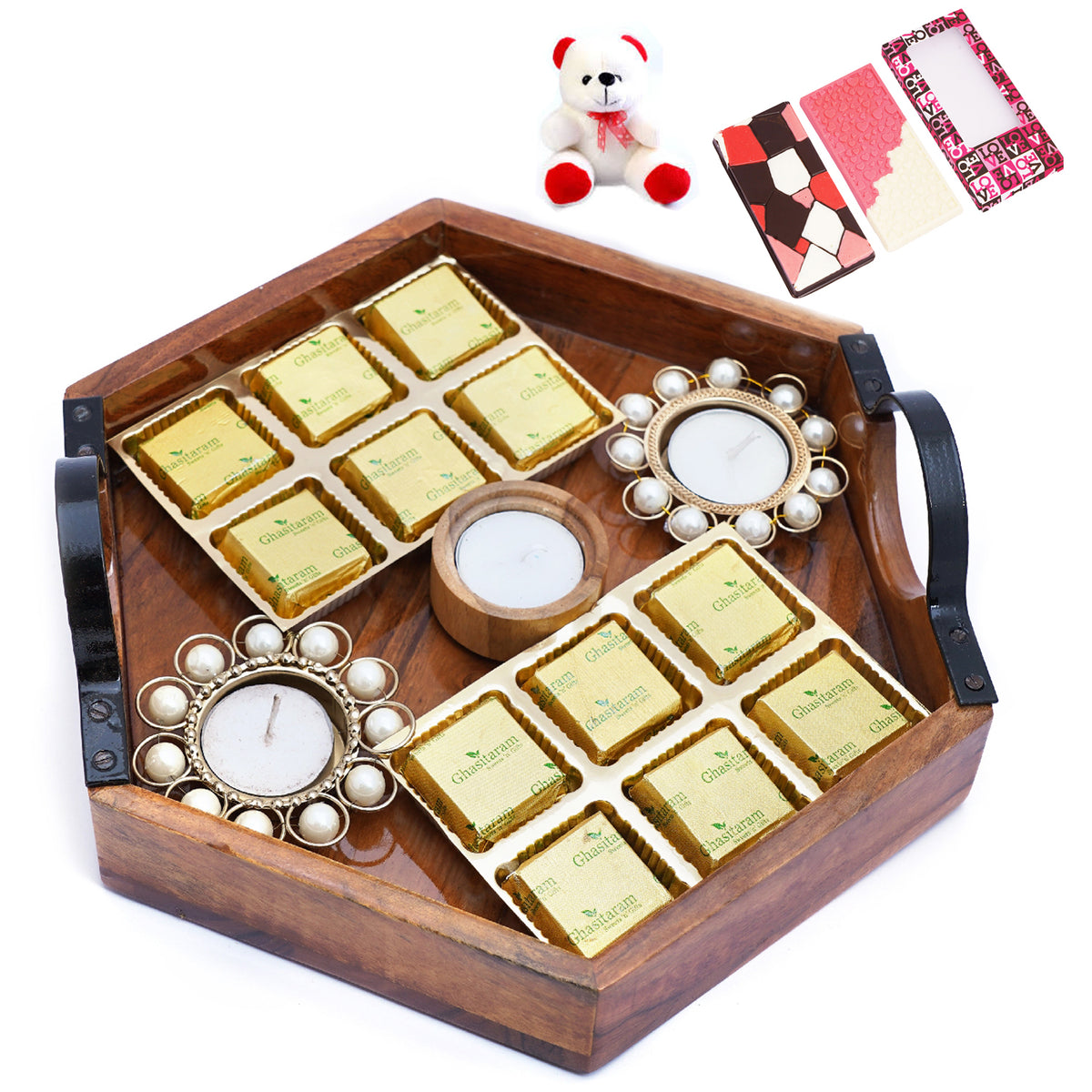 Hexagon Tray with 12 Mixed Nuts Chocolates and 3 T-lites with Teddy and 2 Chocolate Bars