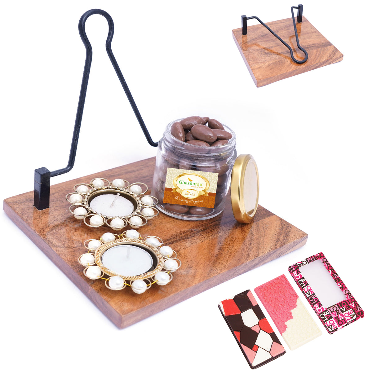 Napkin Holder with T-lites and Chocolate Coated Almonds Jar with 2 Chocolate Bars