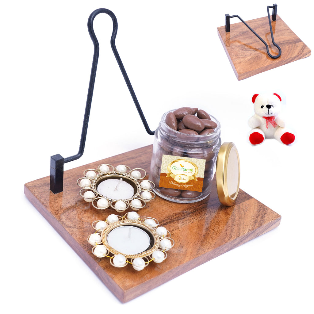 Napkin Holder with T-lites and Chocolate Coated Almonds Jar with Teddy