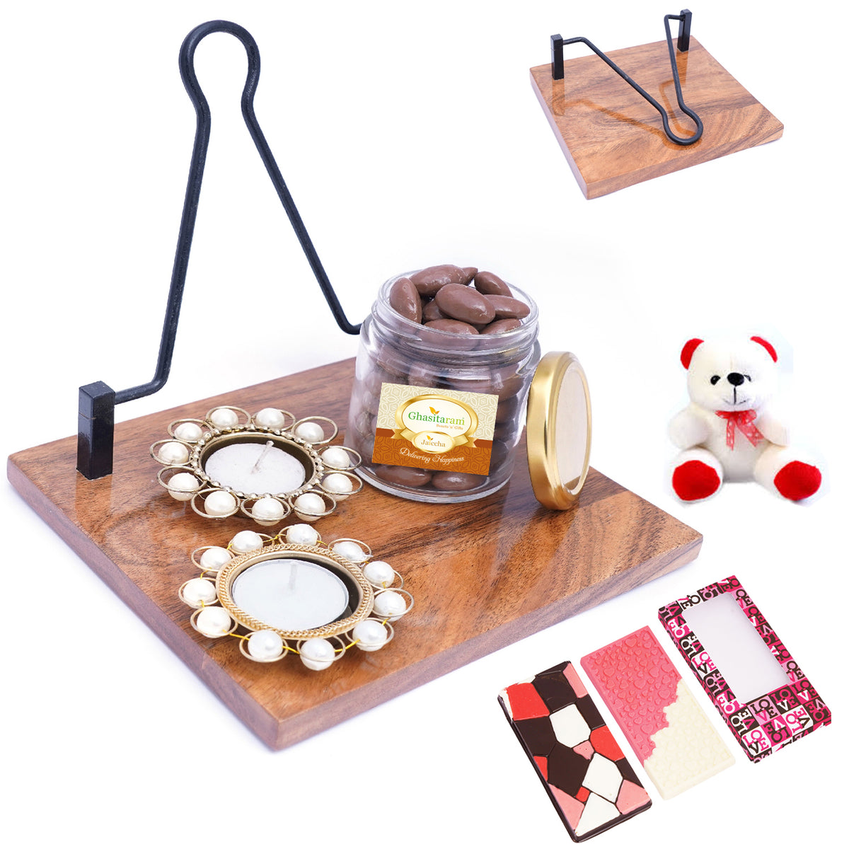 Napkin Holder with T-lites and Chocolate Coated Almonds Jar with Teddy and 2 Chocolate Bars