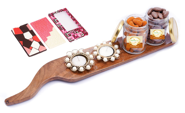 Salad Platter with T-Lites ,Chocolate Coated Alomnds and Crunchy Cashews Jars with 2 Chocolate Bars