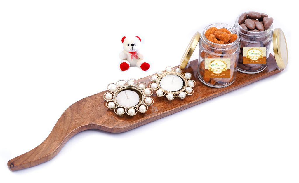 Salad Platter with T-Lites ,Chocolate Coated Alomnds and Crunchy Cashews Jars with Teddy