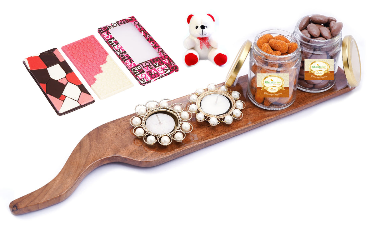 Salad Platter with T-Lites ,Chocolate Coated Alomnds and Crunchy Cashews Jars with Teddy and 2 Chocolate Bars