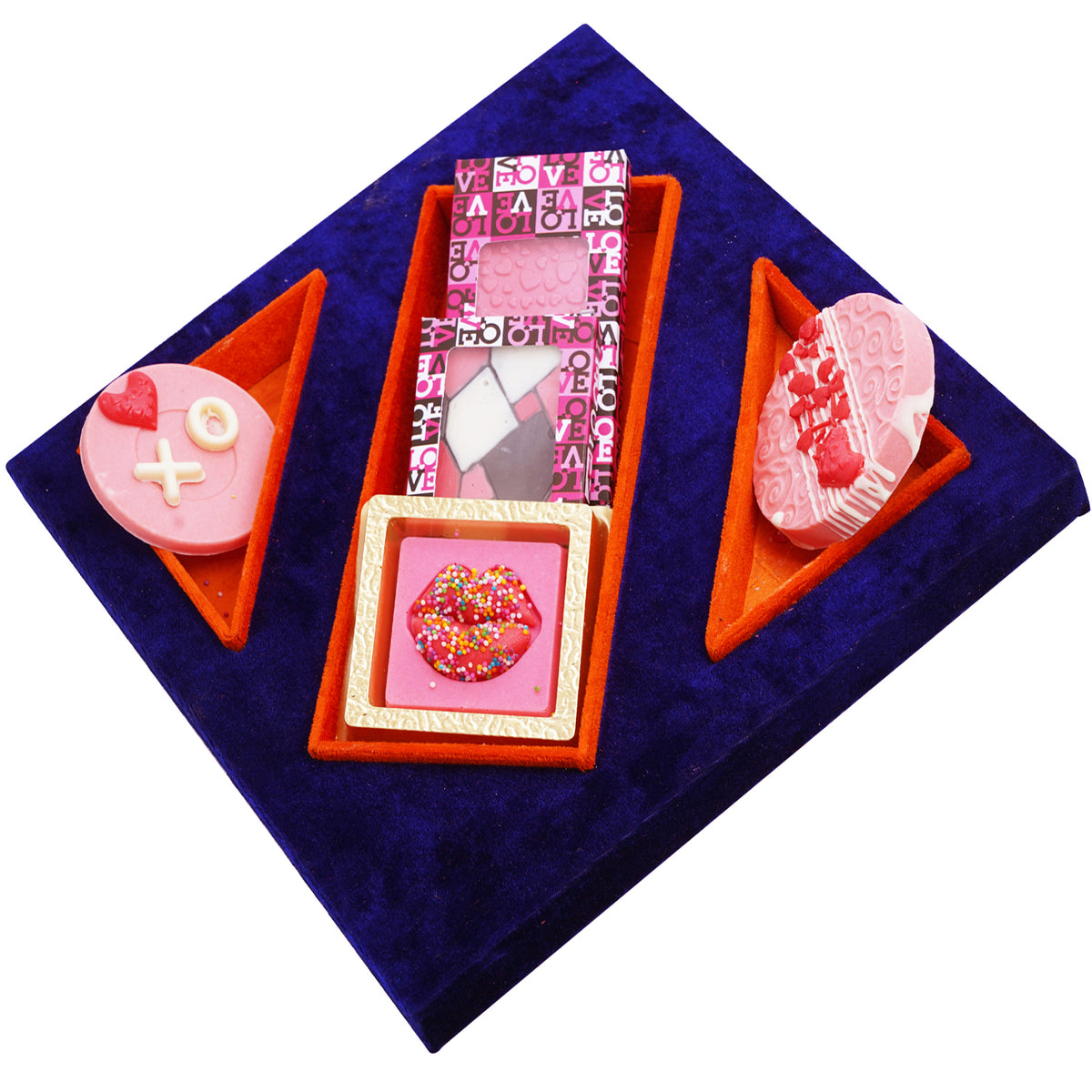 Valentines Blue Belvet Squre Tray with Chocolate Bars