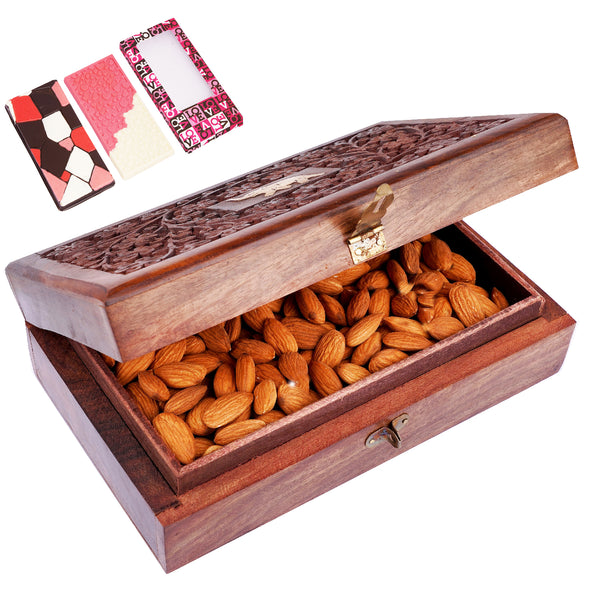Wooden Craving Jewellery Box with Almonds with 2 Chocolate Bars