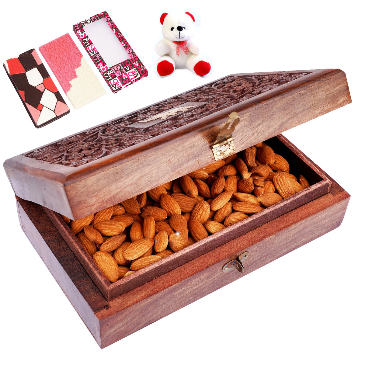 Wooden Craving Jewellery Box with Almonds with Teddy and 2 Chocolate Bars