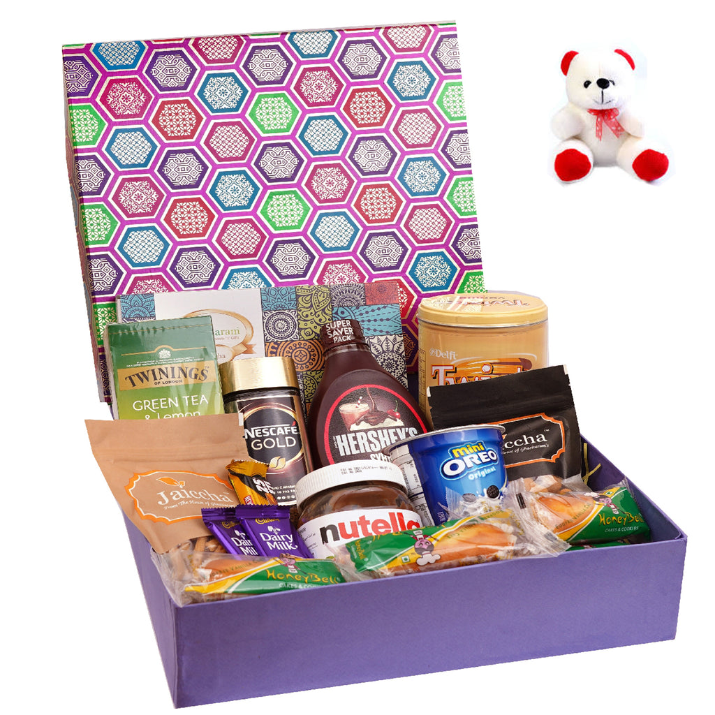 Gourmet Big  Hamper Box of  18 Goodies with Assorted Bites with Teddy
