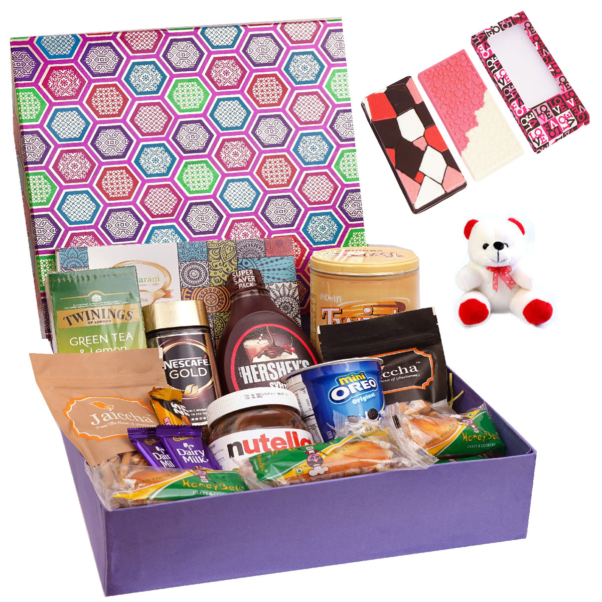 Gourmet Big  Hamper Box of  18 Goodies with Assorted Bites with Teddy and 2 Chocolate Bars