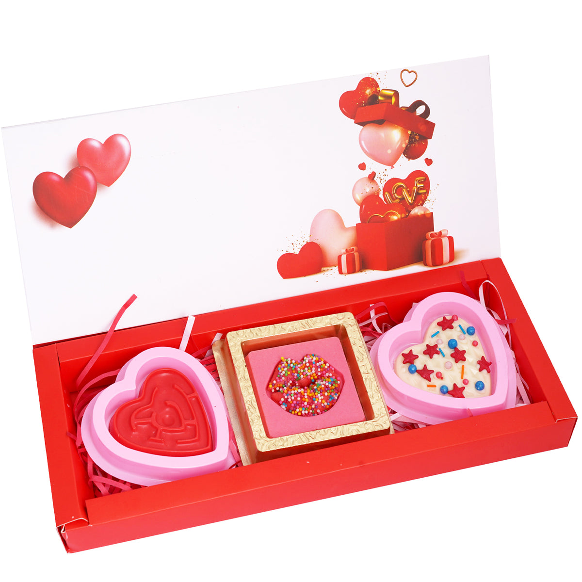 Valentines Box with Lips, Waffle, Puzzle Heart Chocolates