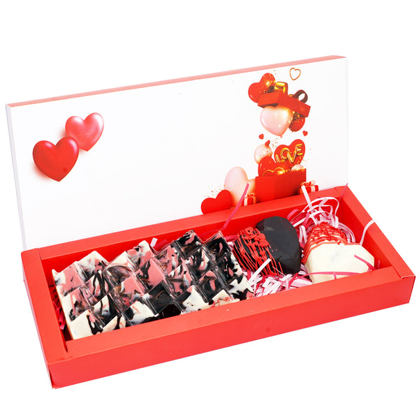 Valentines Box with Pyramid Bark, Drinking Chocolate, and Big Heart Chocolate